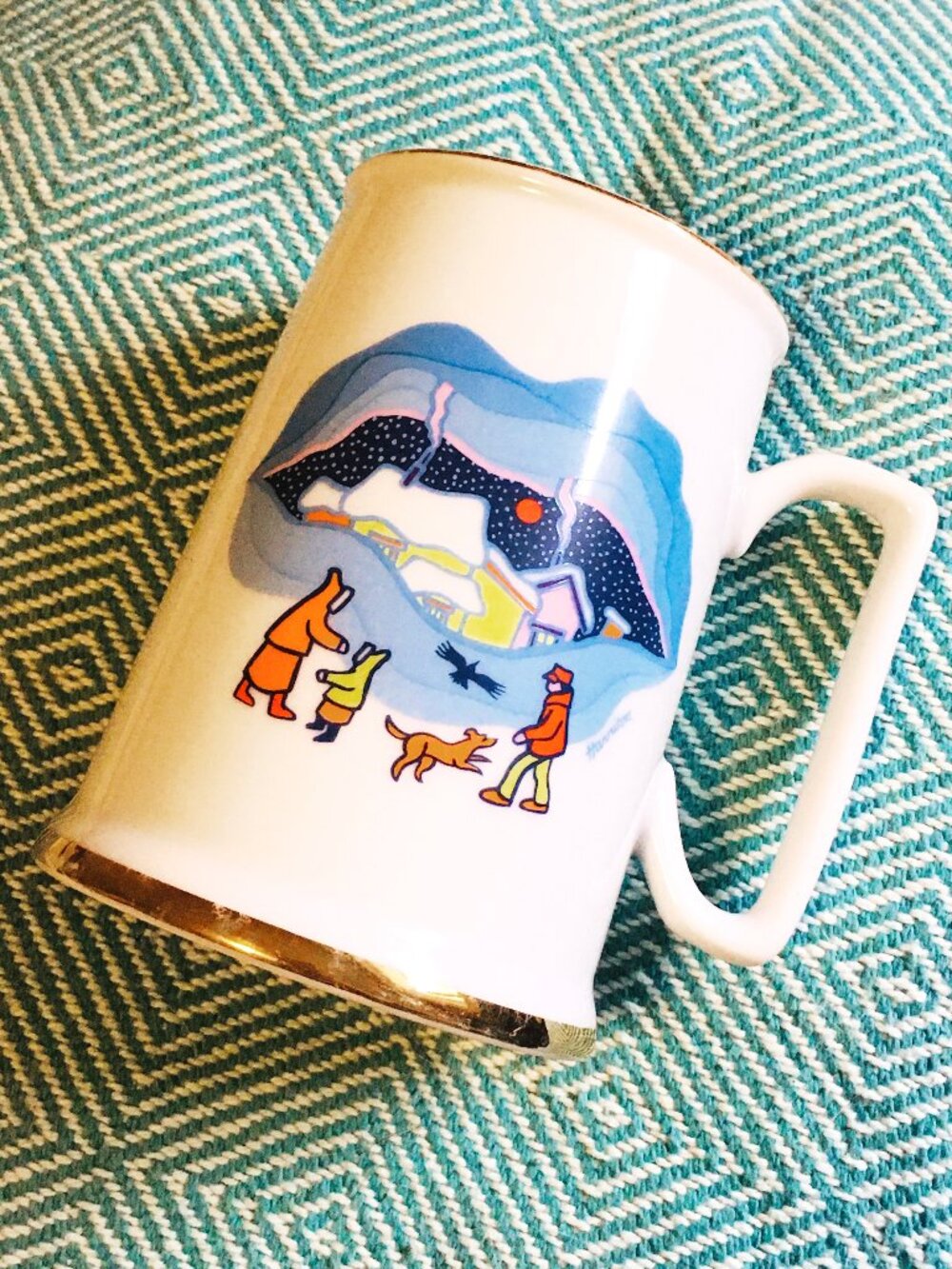 Vintage 1986 Ted Harrison Northern Home Gold Trim Ceramic Stein Coffee Mug